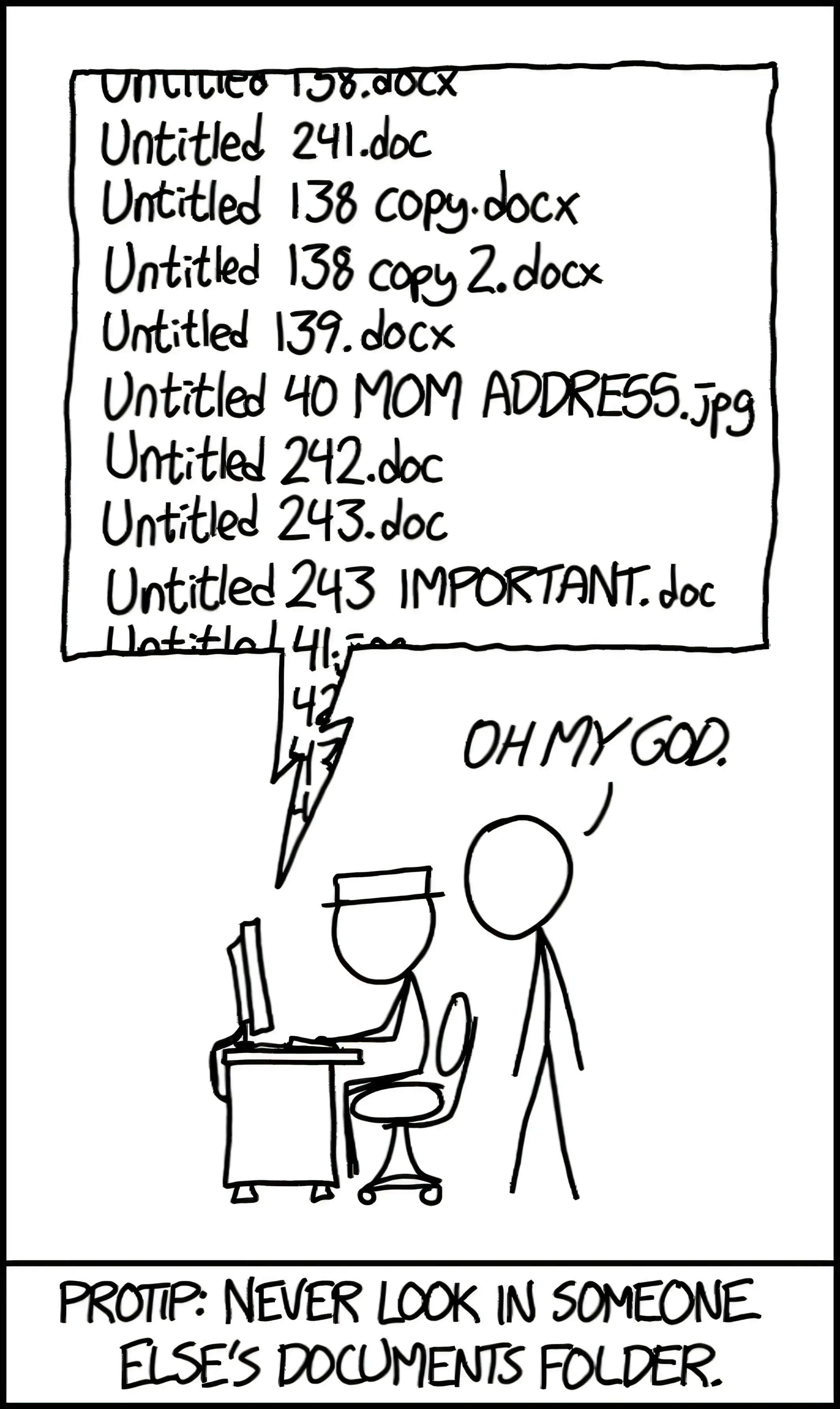XKCD comic showing chaotic file names like Untitled 138.docx, highlighting the universal problem of disorganized digital files.